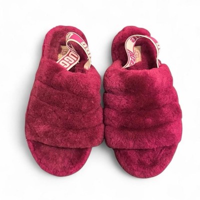 Womens UGG Fluff Yeah Slides Burgundy Plush Fur Slippers