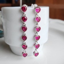 14k White Gold-plated Heart Ruby Channel-Set 2'' Drop Earrings 925 Silver