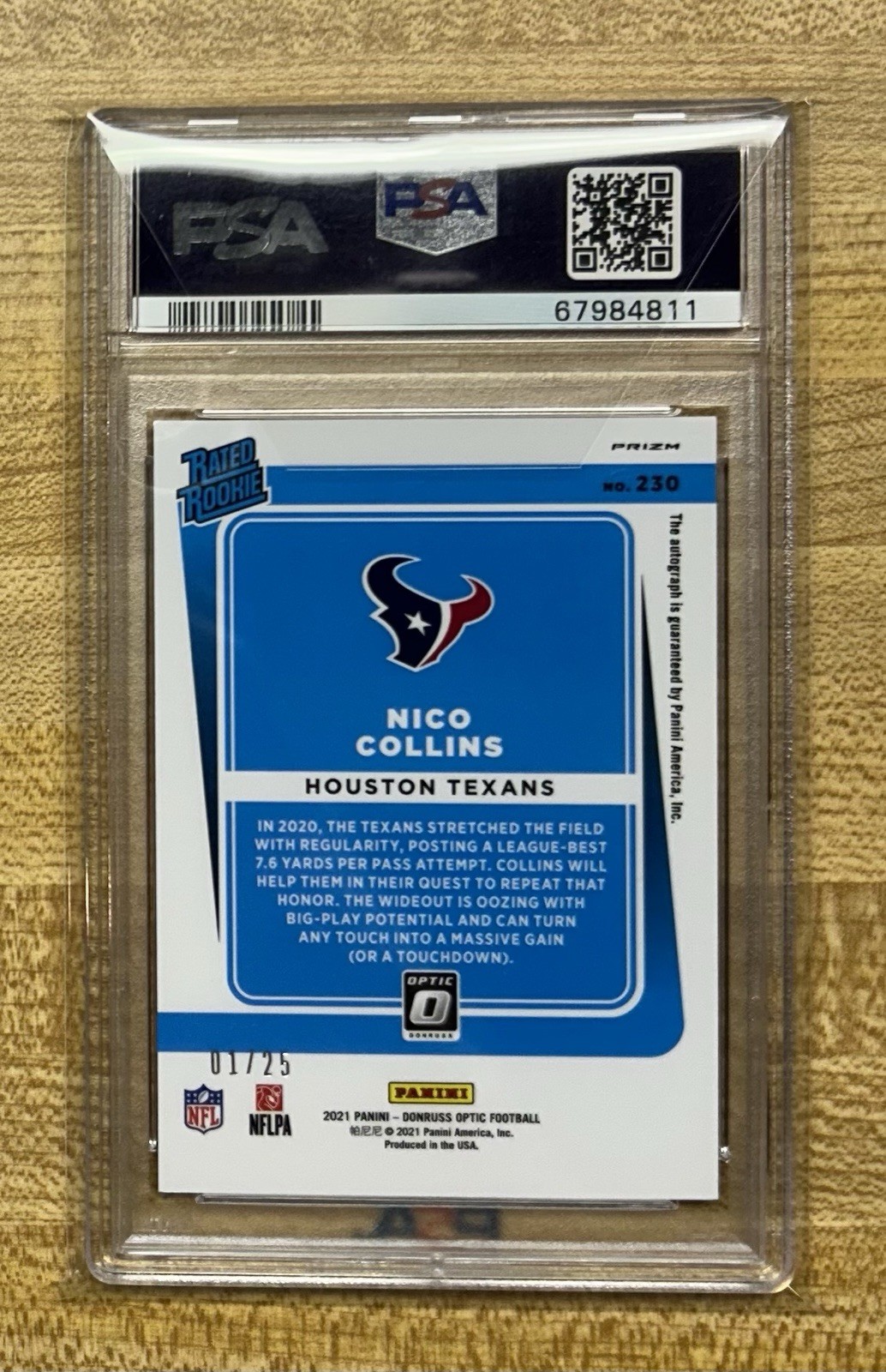 2021 Optic Nico Collins RC 230 1/25 Purple On-Card Auto PSA 9 view 2