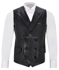 Mens Double Breasted Leather Waistcoat Italian Leather Lapel Vest Waistcoat 1642