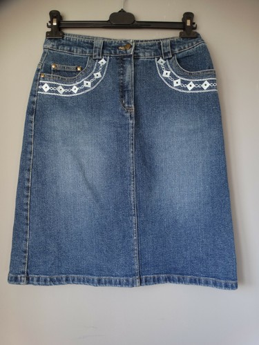 Gonna longuette di jeans BLUE MOTION 42 M ricami al ginocchio | eBay