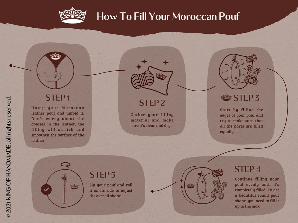 STUFFED Moroccan Handmade Genuine Leather Boho Pouf Ottoman Footstool Pouffe - Image 3 of 4