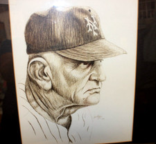 Casey Stengel Pencil Drawing by Jan Higgins 1992 14X17 Matted & Framed
