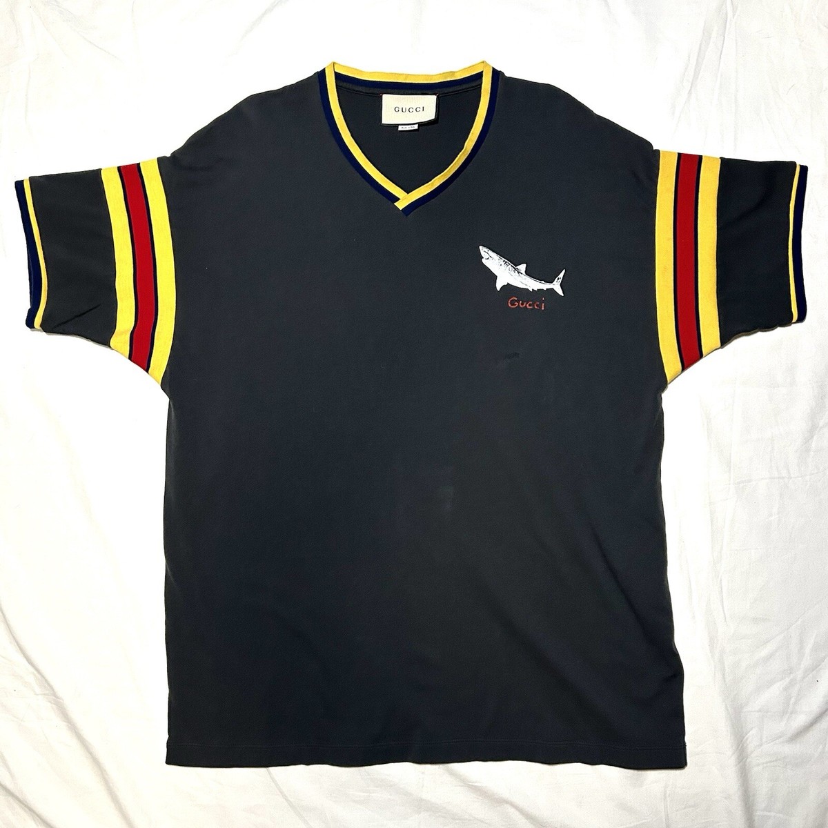 BARELY WORN Gucci Shark Embroidered Logo V Neck Shirt - Size 2XL 
