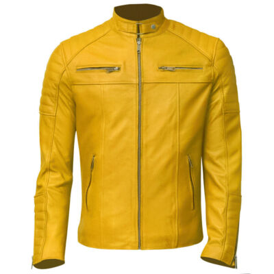 Men's yellow leather biker jacket, bold style with durable, high