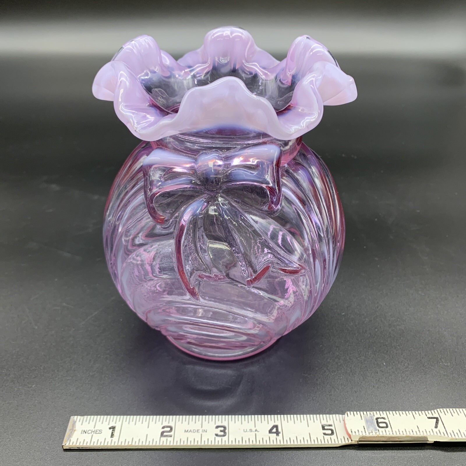 Fenton Art Glass Vase – Light Purple Opalescent, Draped with Ruffled Top & Bow