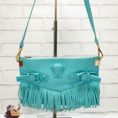 Versace Palazzo Fringe Shoulder Bag Leather Light Blue Medusa Logo 