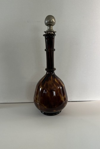 Italian Glass Decanter Genie Bottle w/ Round Metal Stopper Tortoise Shell Vtg - Picture 4 of 9