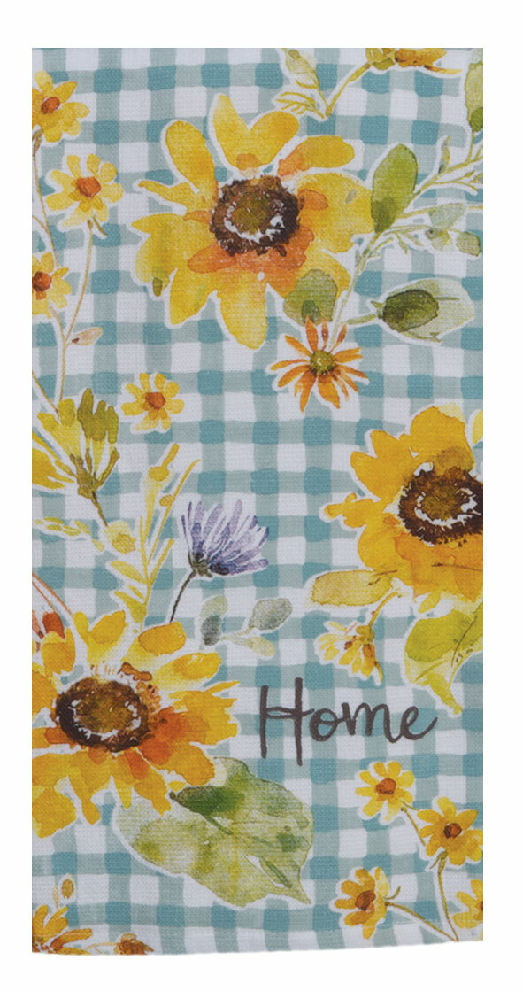 Set of 2 Sunflowers Forever HOME Blue Check Kitchen Towels by Kay Dee Designs