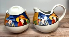 Hand-Painted Ceramic Creamer & Sugar Set With Colorful Lady Design - Unique & Fu
