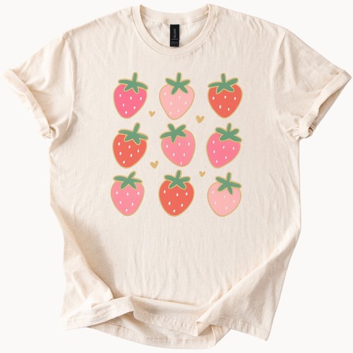 Cute Strawberry Pattern Graphic Tee Aesthetic Fruit Print Softstyle Shirt