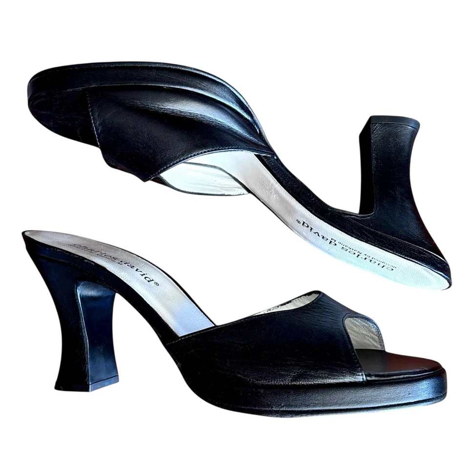 Tacones deslizables plataforma Charles David vintage talla 8 negros punta abierta retro boho gótico Foto 3 de 4