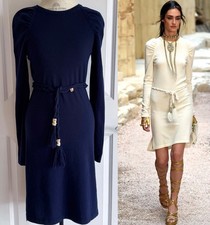 CHANEL 18C PARIS GREECE NAVY BLUE BELTED CASHMERE KNIT DRESS 36