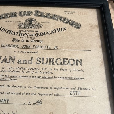 1946 Illinois Physician Surgeon Medical License Certificate Framed