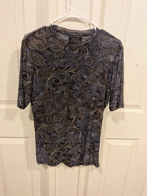 JOHNNY WAS Dajiki Floral Stretch Mesh Tee Top Blue Sheer T-Shirt Size XS