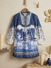 FARM Rio Blue Off White Palm Tree Linen Mini Dress Women’s XS NWT