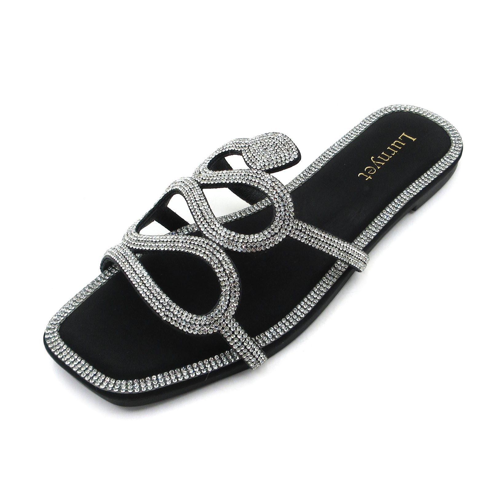 Lurnyet Wlomen's Cushioned Summer Crystal Rhinestone Square Toe Sandal