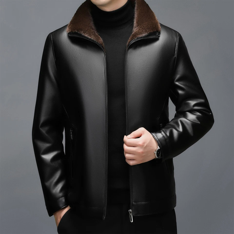 Men's Genuine Leather Fur Lining Thicken Warm Lapel Collar Zipper Formal Jacket - Image 3 of 4