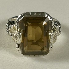 Ornate Sterling Silver Ring Featuring a Large Faceted Smoky Quartz. Size 5.75.