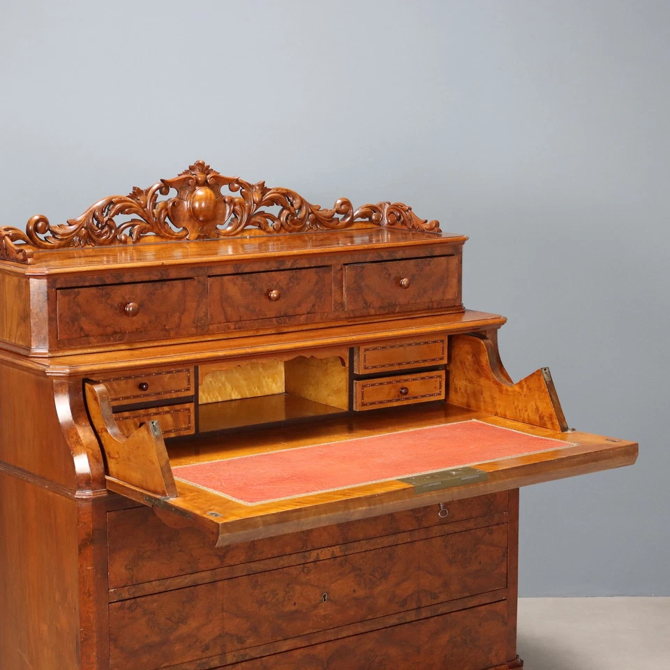 Antica Ribalta Biedermeier Mogano con Cassetti Austria XIX Secolo Originale - Immagine 4 di 4