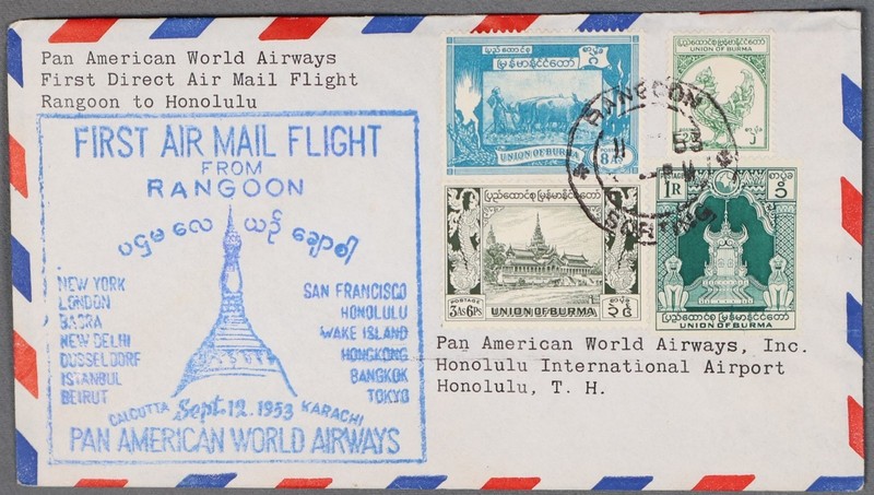 MayfairStamps Burma 1953 Rangoon to Honolulu HI Pan American First Flight Cover