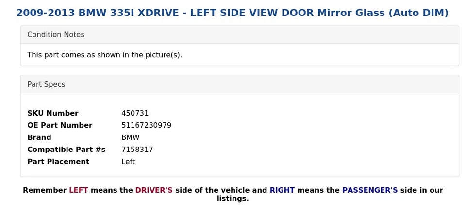 BMW 335I XDRIVE 2009-2013 - Espejo de cristal de la puerta lateral izquierda (auto DIM) Foto 4 de 4