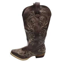 Western Cowboy Brown Leather Boots Womens 7.5 Rollda Embroidered Stacked Heel