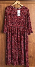 BNWT Zara Loose Midi Dress Size L Red/Black Animal Print Tiered Hem Gathers New