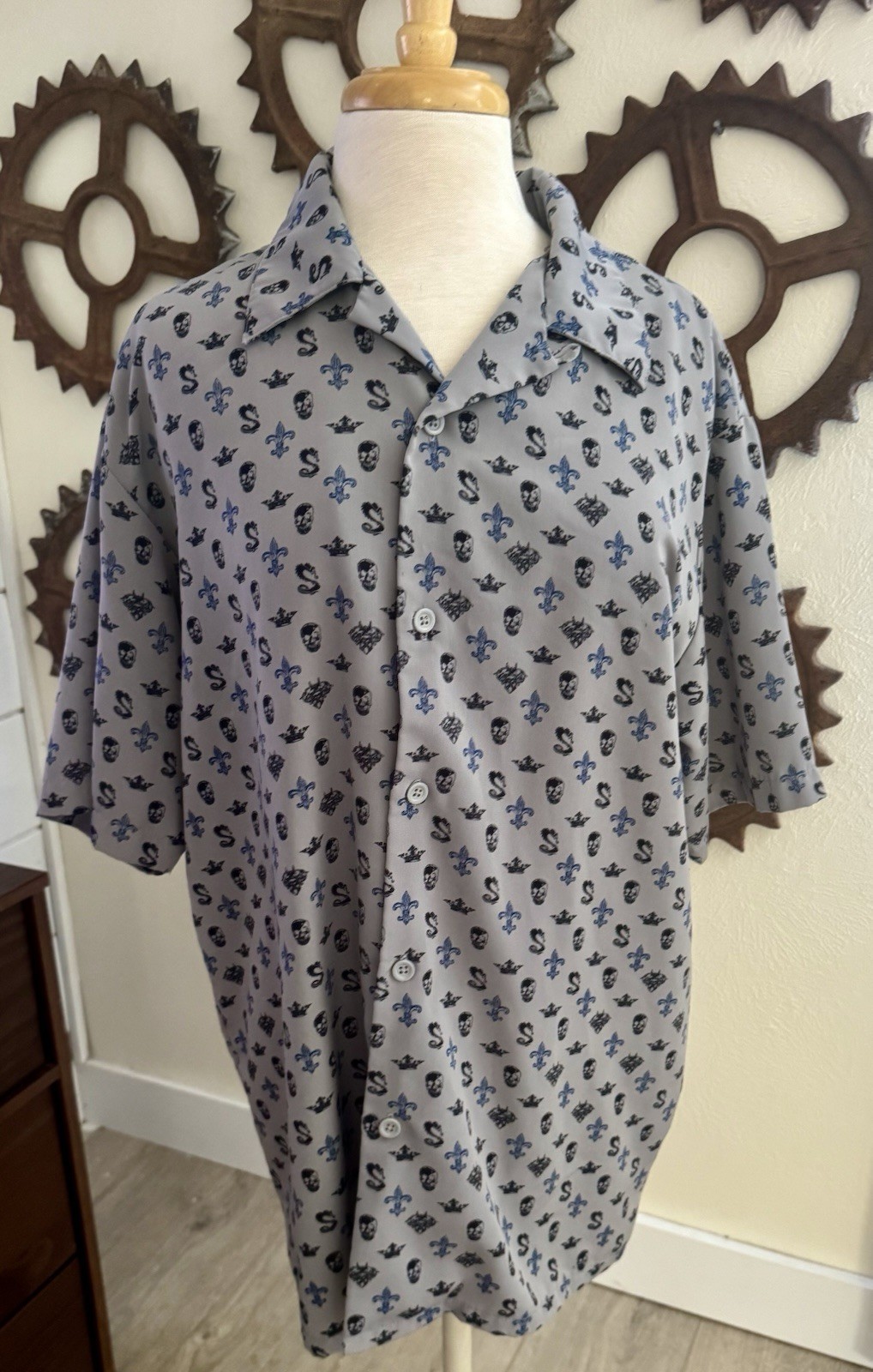 Skull And Crown Gray Patterned Button-Up Shirt - image 1
