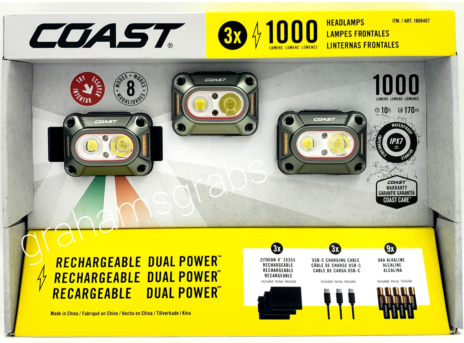 COAST CH1000R 1000 Lumen STIRNLAMPE 3 Ct. WIEDERAUFLADBAR DUAL POWER IPX7 WASSERDICHT