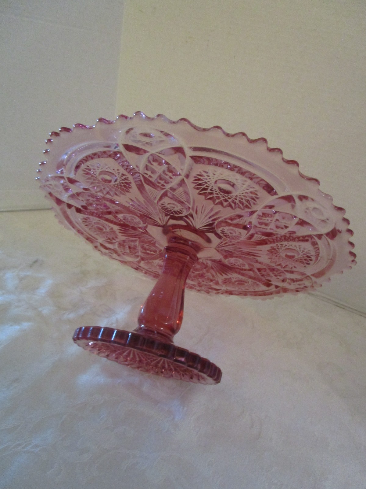 Vintage Imperial Pink Glass Pedestal Cake Stand Fashion Pattern 13" wide  1970's