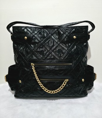 Isabella Fiore Black Quilted Leather Tote Shoulder Bag Gold Hardware Pink Lining