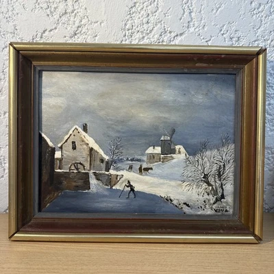 Tableau Ancien Peinture Neige Maison Moulin Hiver Signé Par Viva - Photo 1/4