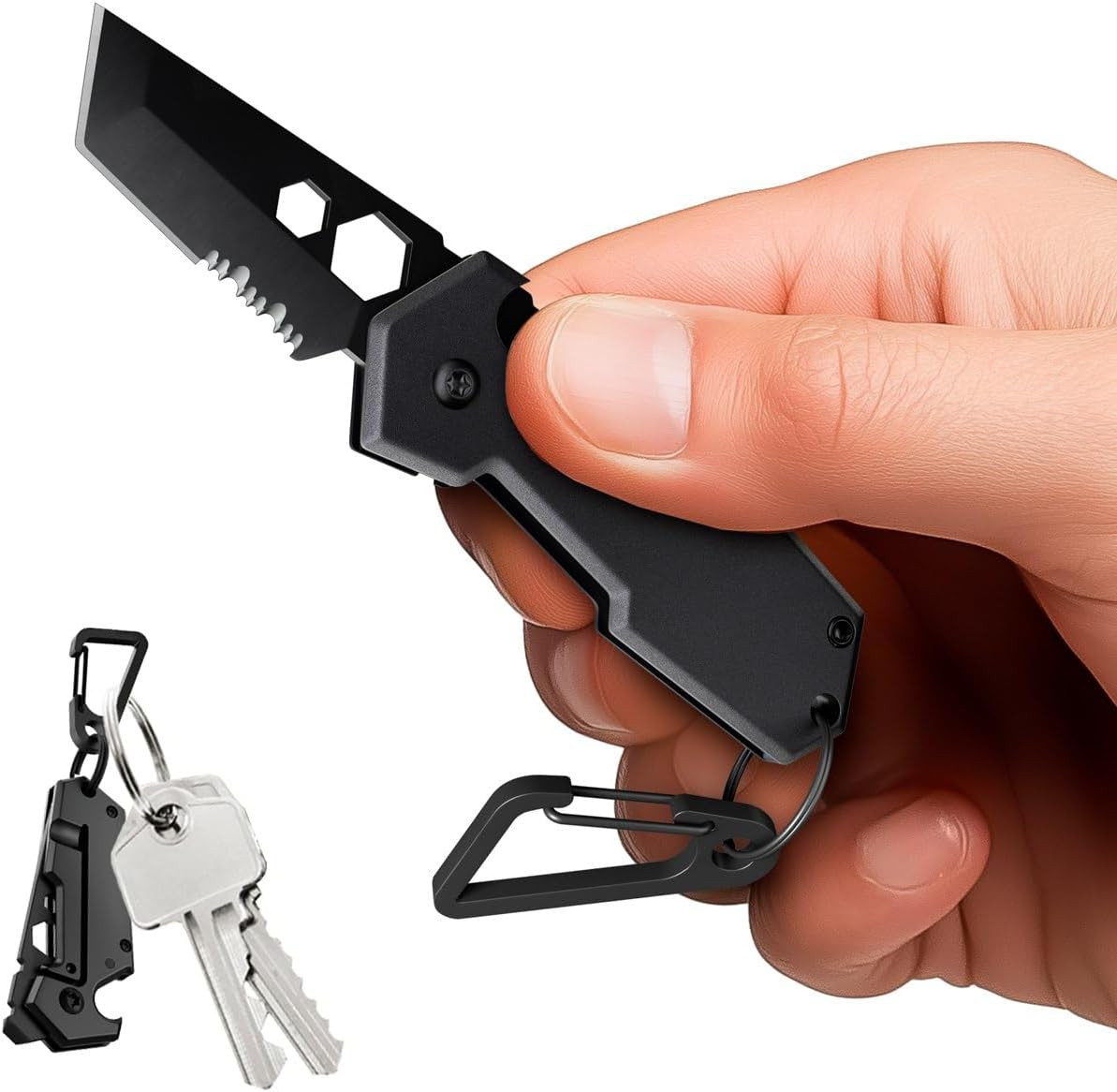 Mini Keychain Knife with Carabiner - 1.3" Tanto Serrated Bla
