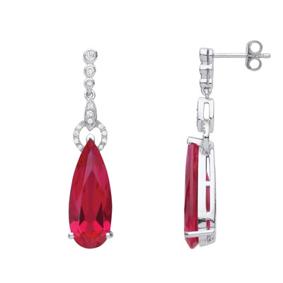 Sterling Silver Jewelco London Red Pear CZ Torpedo Droplet Cluster Drop Earrings