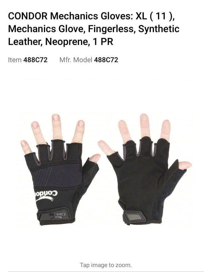 Condor Mechanics Gloves fingerless XL Black Spandex Neoprene