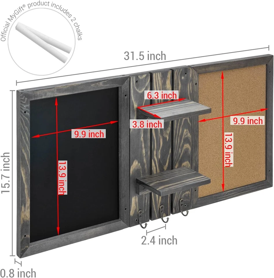 Wall Mounted Gray Wood Entryway Bulletin Board Combo Set, Wall Organizer w/ Hook - Image 4 of 4
