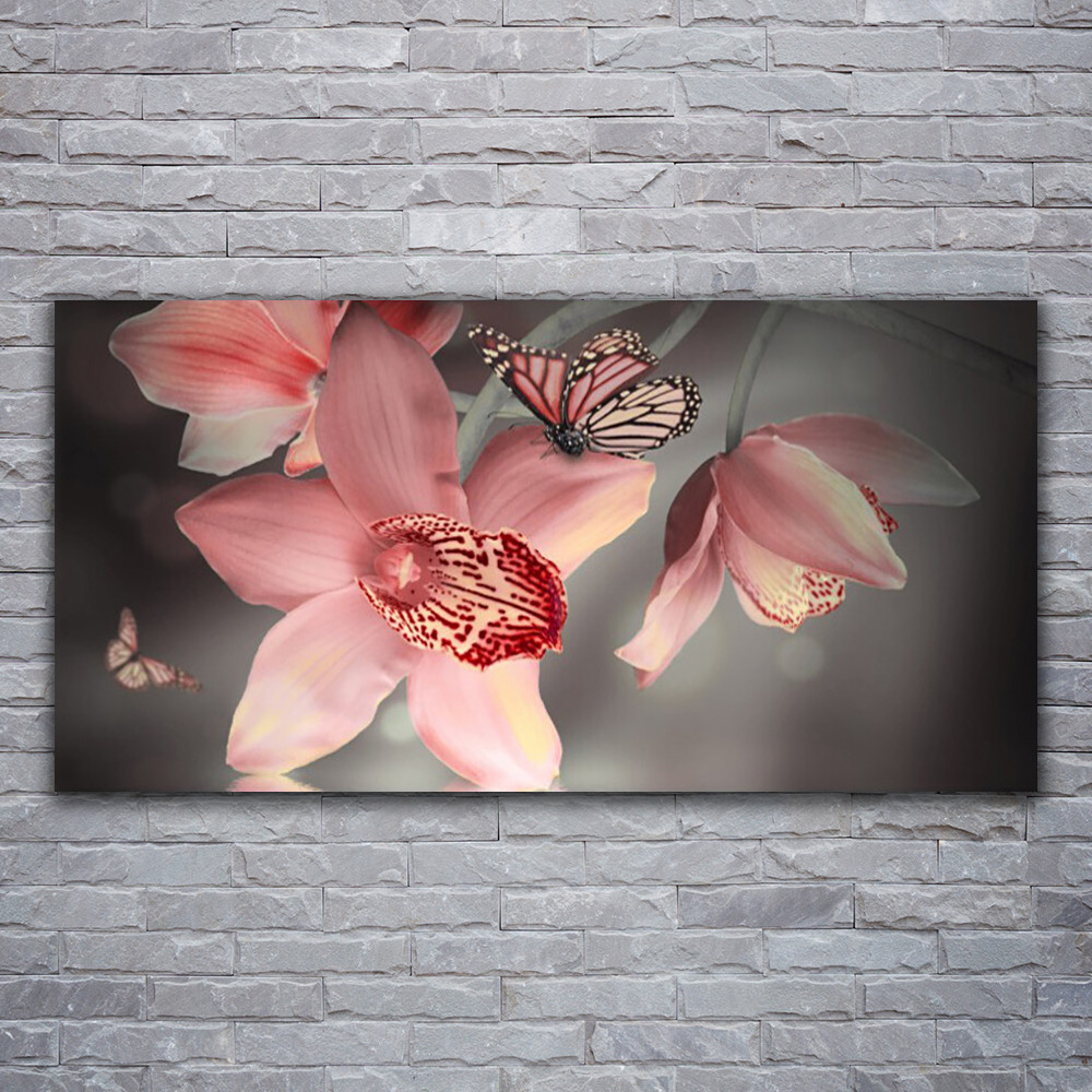 Tableau acrylique haut de gamme 120x60 motif fleurs et papillon finition brillante