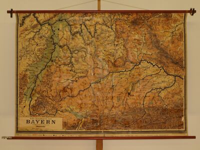 Bayern Franken München Alpenvorland Wald Bodensee~1925 Schul-Wandkarte 174x123cm