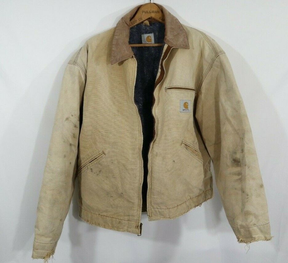 Carhartt Vintage Sandstone Duck Detroit Jacket Blanket Lined Faded Stains  Sz L