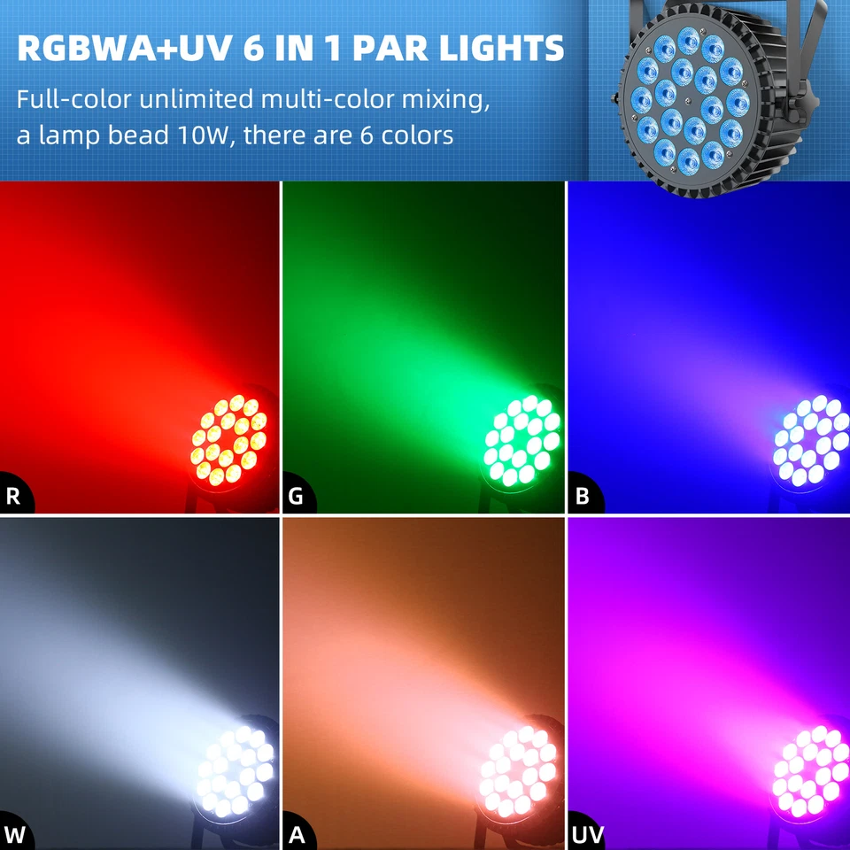 2PCS RGBWA+UV 6in1 270W LED Stage PAR Light DJ Party Lighting Concert Bar Lights - Image 4 of 4