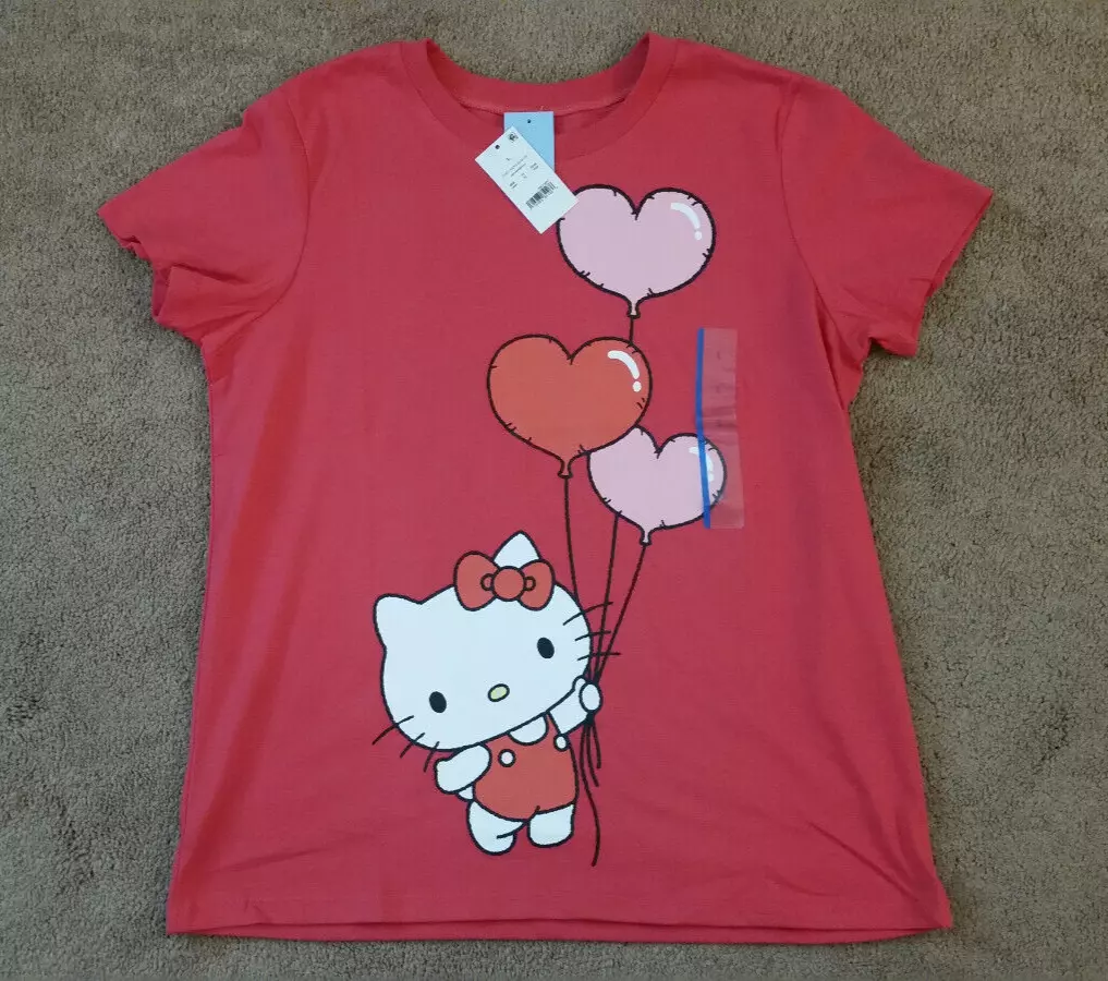 Hello Kitty Valentine's Shirt Red Pink Heart Balloons Juniors Size L Sanrio  NEW