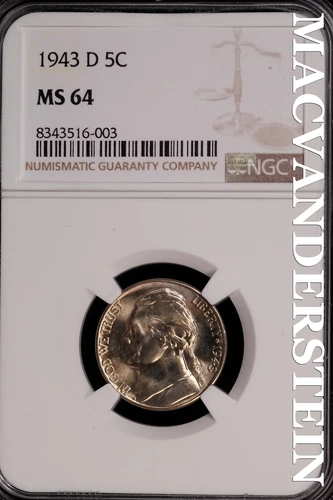 1943-D Jefferson Nickel - NGC MS 64 - Brilliant Uncirculated  Lustrous  #SLG224