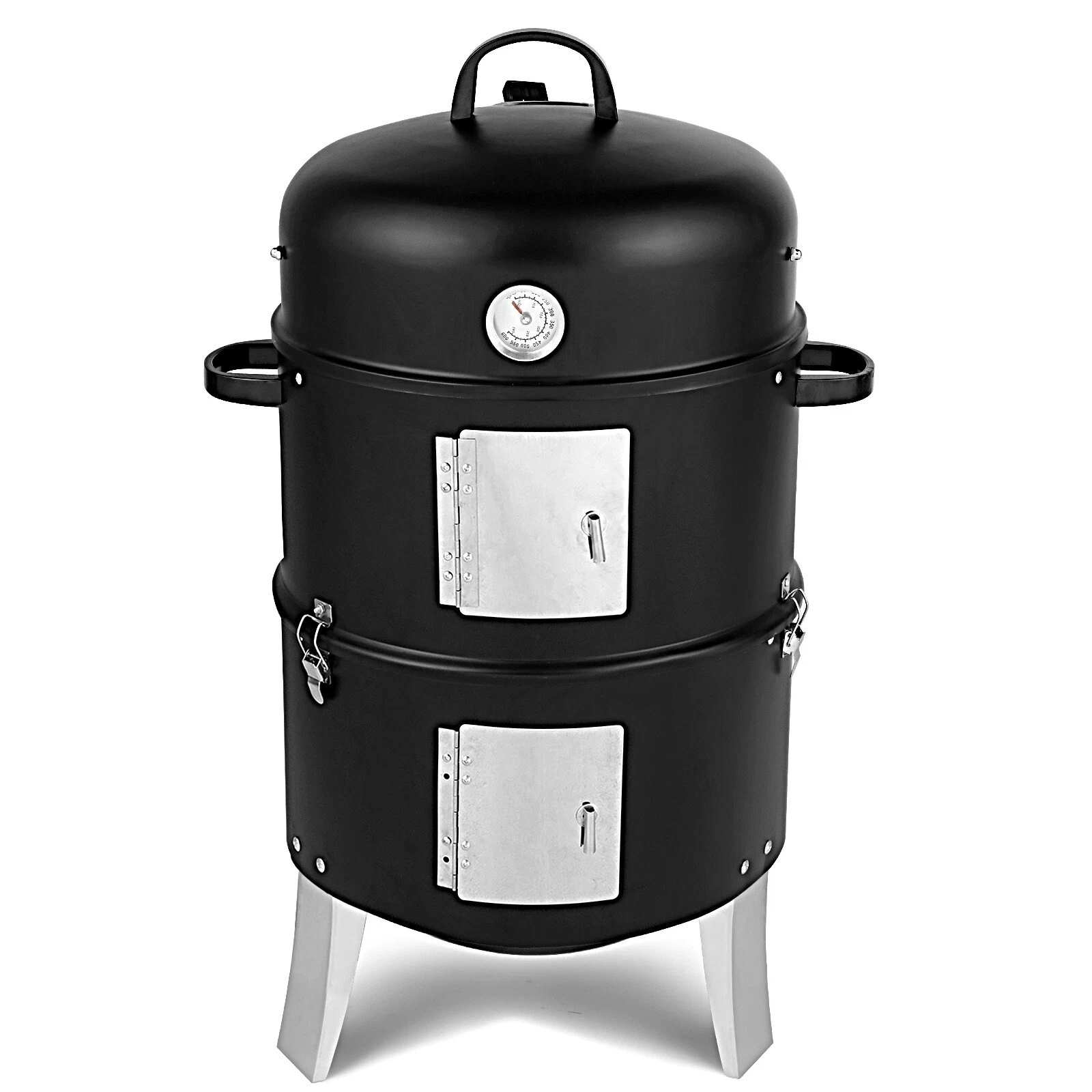 3-In-1 Vertical Charcoal Smoker Grill, Cyndrical BBQ , 2 Racks, 2 Doors, 3 Hooks