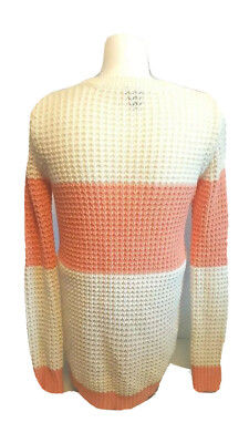rue21 Women size L Pink /cream  Long Sleeve Chunky Knit Sweater R-neck Drop Hem 