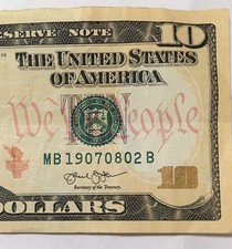 Birthday/anniversary $10 US Note,S# 1907 August 2