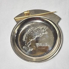 Vintage Classic BASS FISH Stainless Ashtray Trinket Coins w/ Brass Rod & Reel
