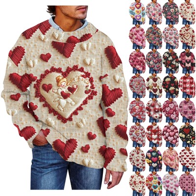 Men's Fashion Casual Long Sleeves Valentine's Day Gentle Printed Crewneck Wool
