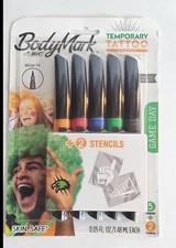 NEW BIC BodyMark Temporary Tattoo 5 Brush Tip Marker  2 Stencils Assorted Color