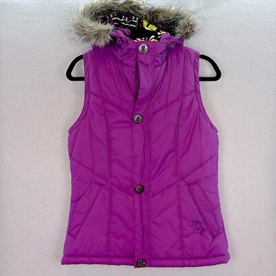 Burton - women s purple Dry ride Hooded Puffer Zip up ski / snow Vest Faux fur M